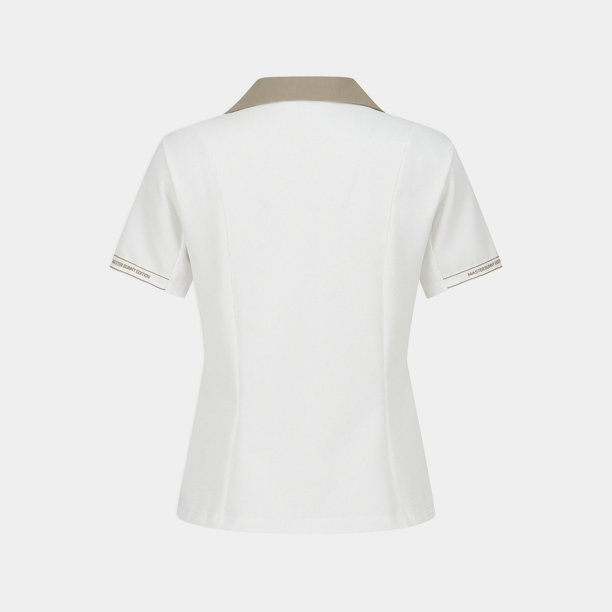 A white short-sleeve blazer shown from the back, featuring a contrasting beige collar and thin beige stripe detailing on the sleeve cuffs.