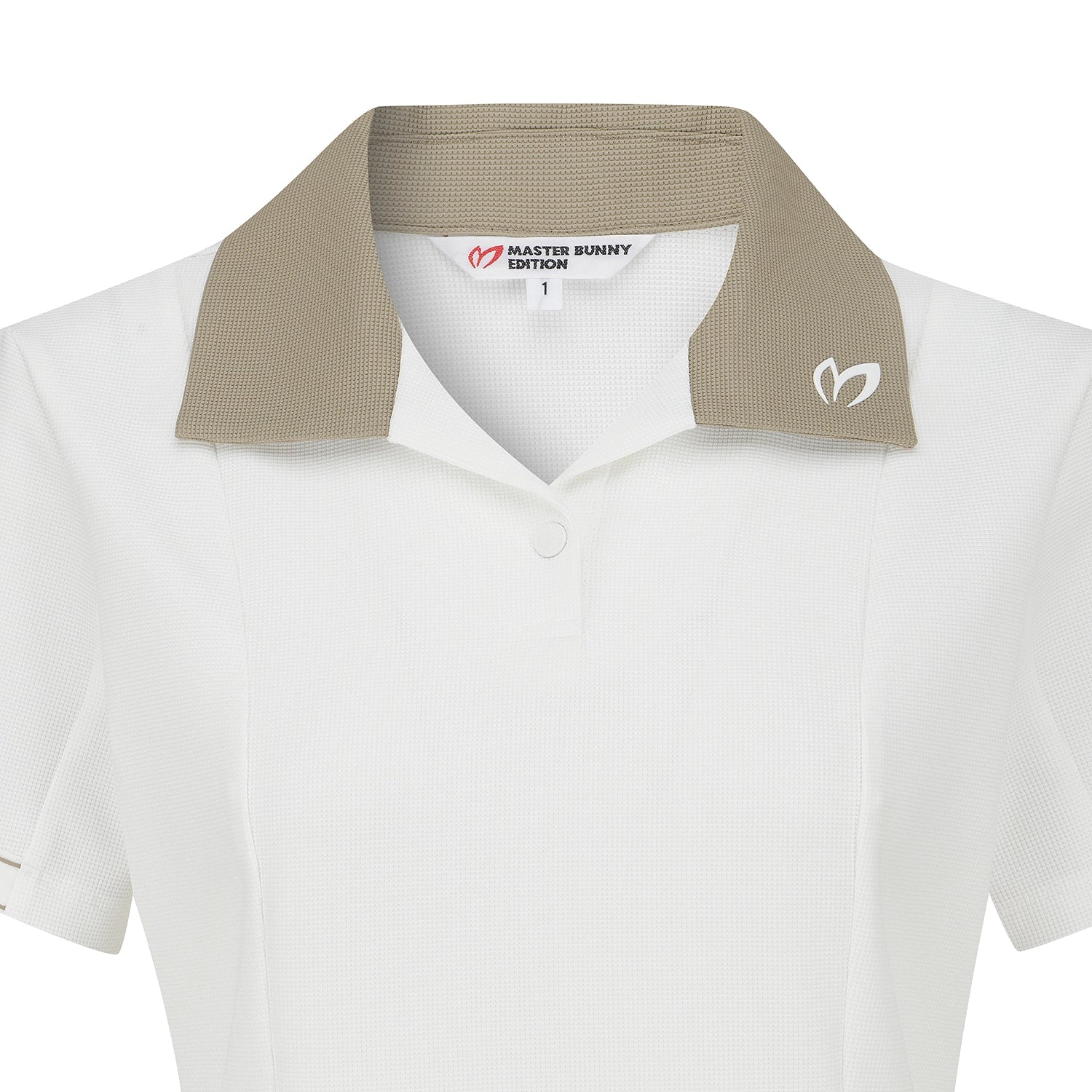 A close-up of a white short-sleeve polo shirt with a contrasting beige collar. The collar features a textured waffle pattern on the inside and a white embroidered Master Bunny logo on the right side.