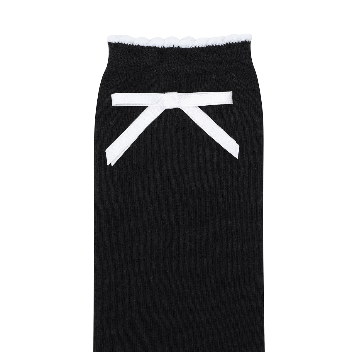 A black knit sock with a white bow detail at the waist and a white scalloped trim at the hem, shown against a plain white background.