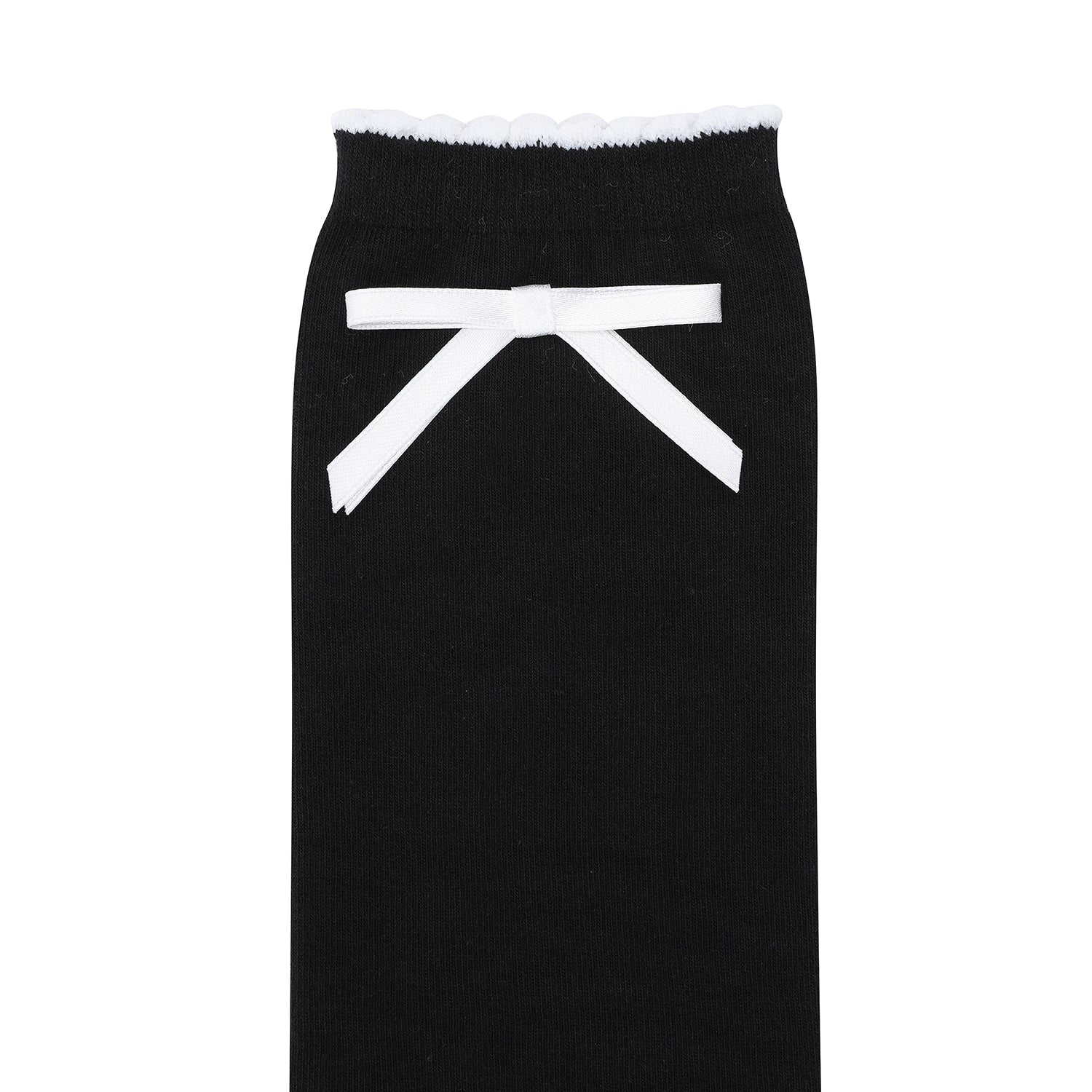 A black knit sock with a white bow detail at the waist and a white scalloped trim at the hem, shown against a plain white background.
