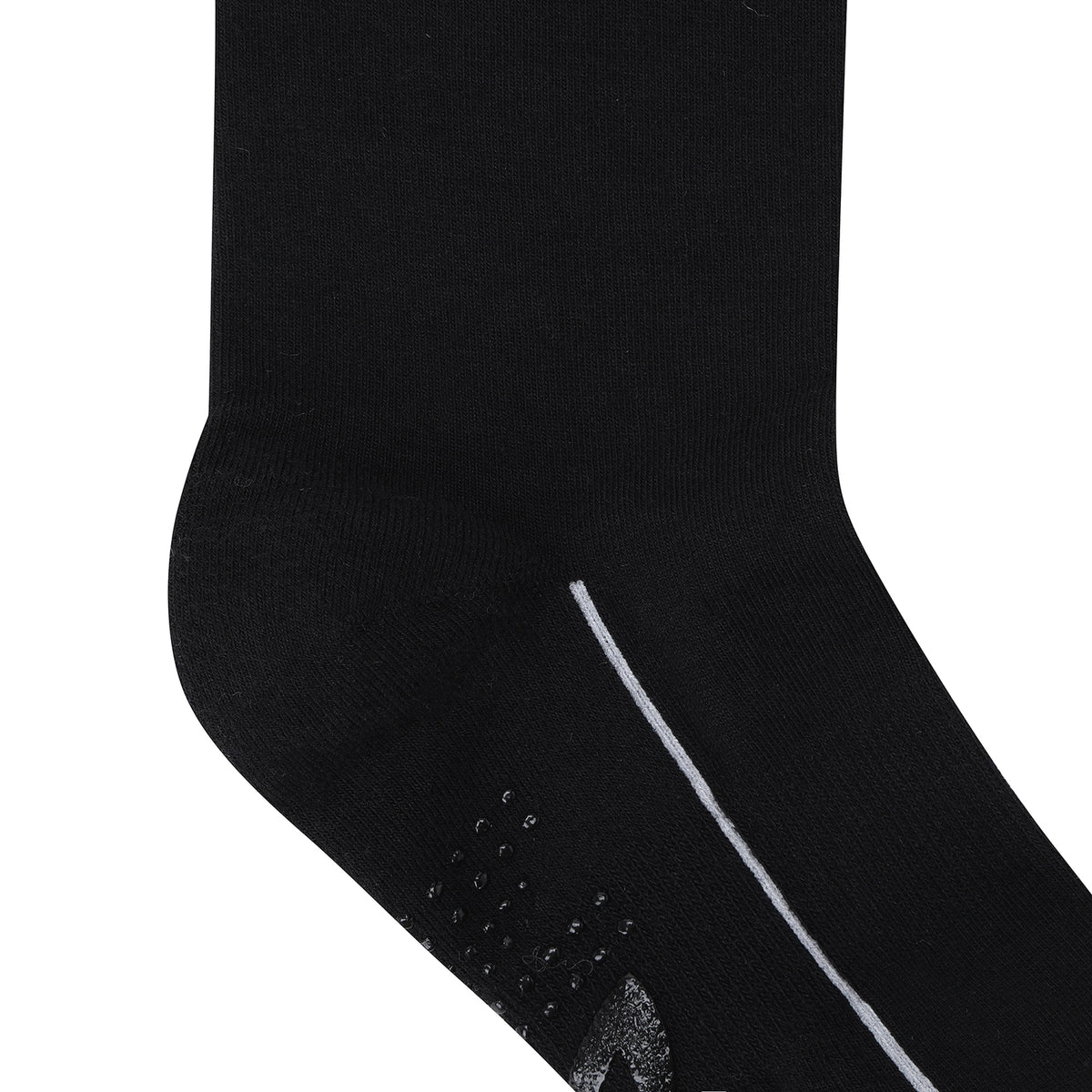 Close-up of a black athletic sock showing the heel, arch support, and textured grip pattern on a white background.