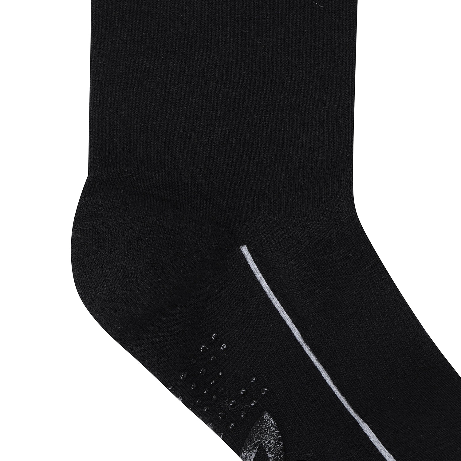 Close-up of a black athletic sock showing the heel, arch support, and textured grip pattern on a white background.