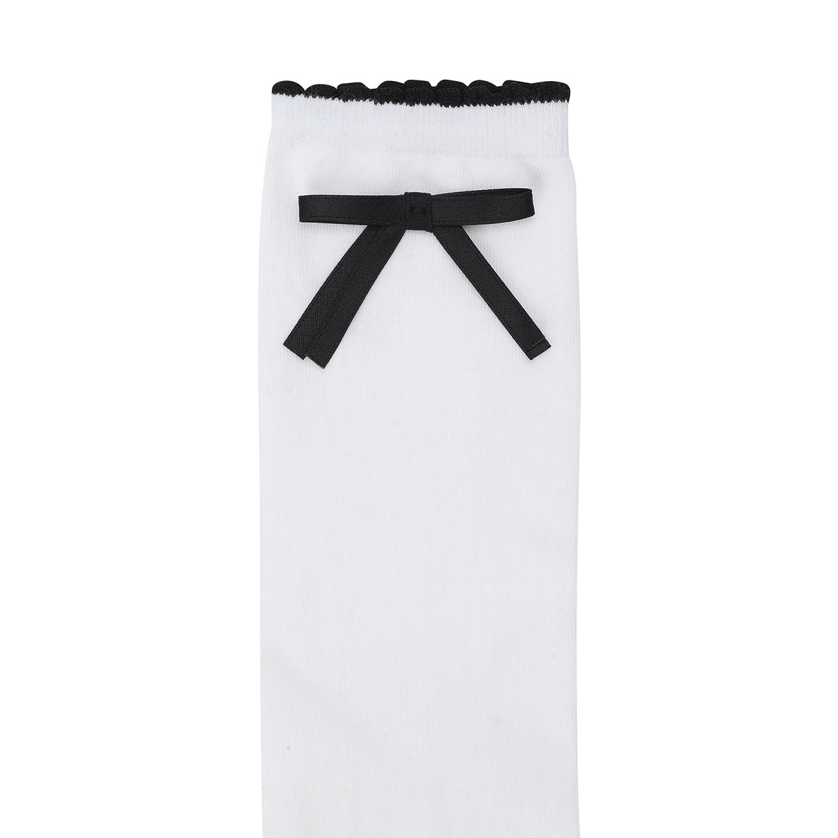 White knit bootie sock with a black ruffled elastic top and a black ribbon bow tied at the ankle.