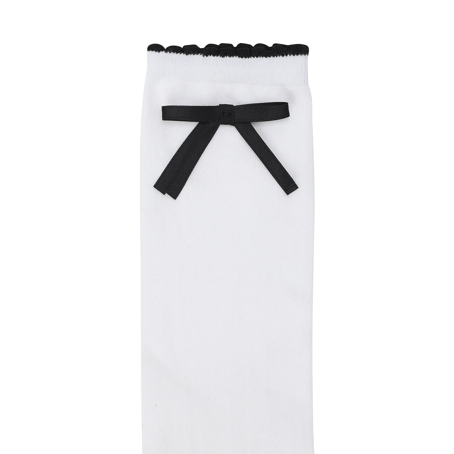 White knit bootie sock with a black ruffled elastic top and a black ribbon bow tied at the ankle.