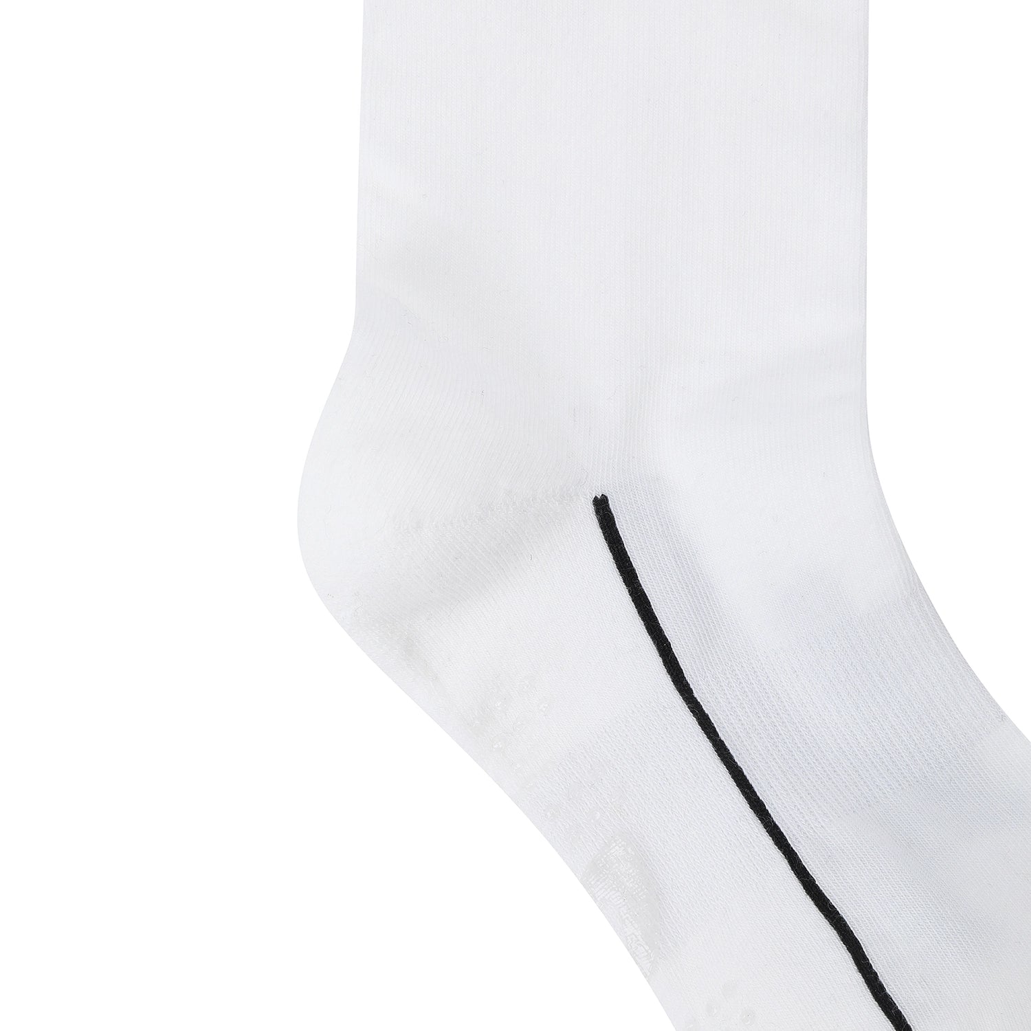 A close-up of a white sock with a thin black vertical stripe detail on the side, set against a plain white background.