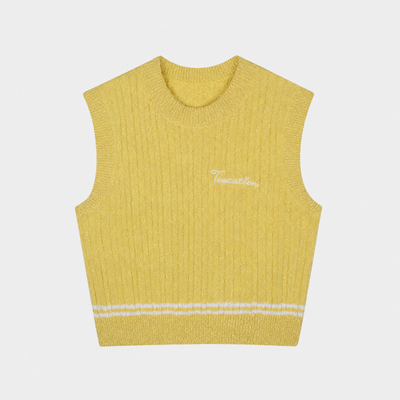 A yellow ribbed knit sleeveless sweater vest with a small white embroidered script logo on the chest and two horizontal white stripes near the hem, shown on a light gray background.