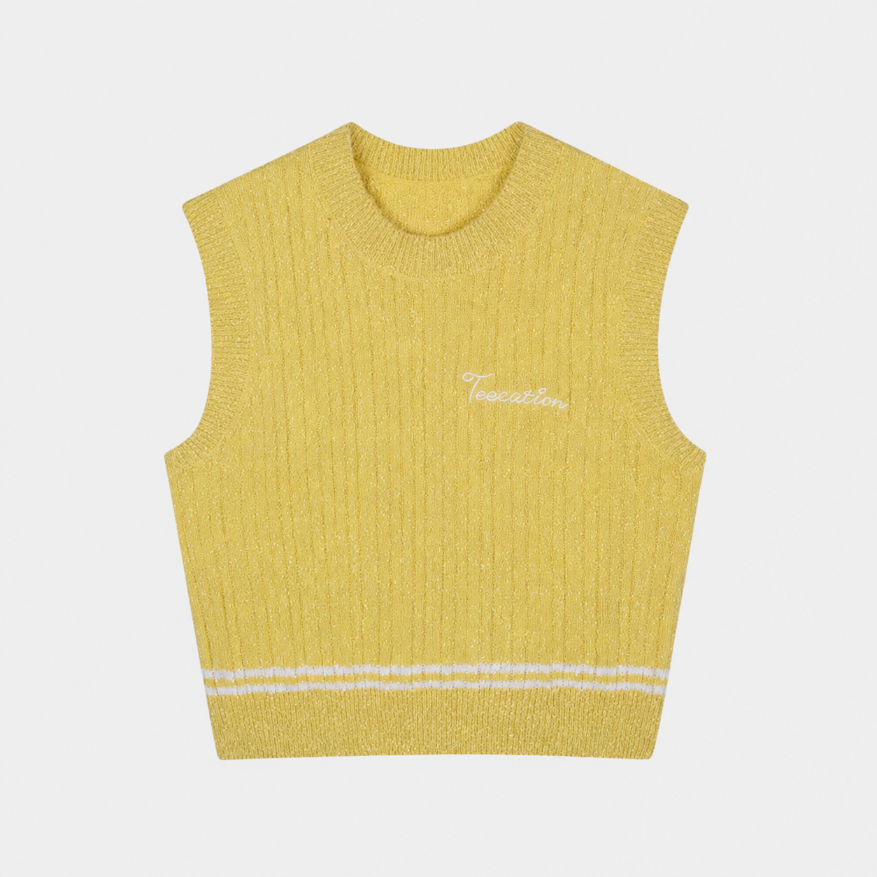 A yellow ribbed knit sleeveless sweater vest with a small white embroidered script logo on the chest and two horizontal white stripes near the hem, shown on a light gray background.