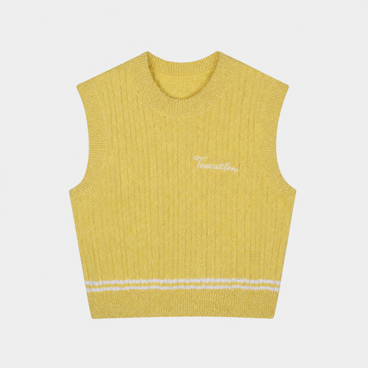 A yellow ribbed knit sleeveless sweater vest with a small white embroidered script logo on the chest and two horizontal white stripes near the hem, shown on a light gray background.