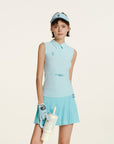 Keypote Women's Blue Sleeveless Golf Polo Full Outfit on Model | Erthe Golf