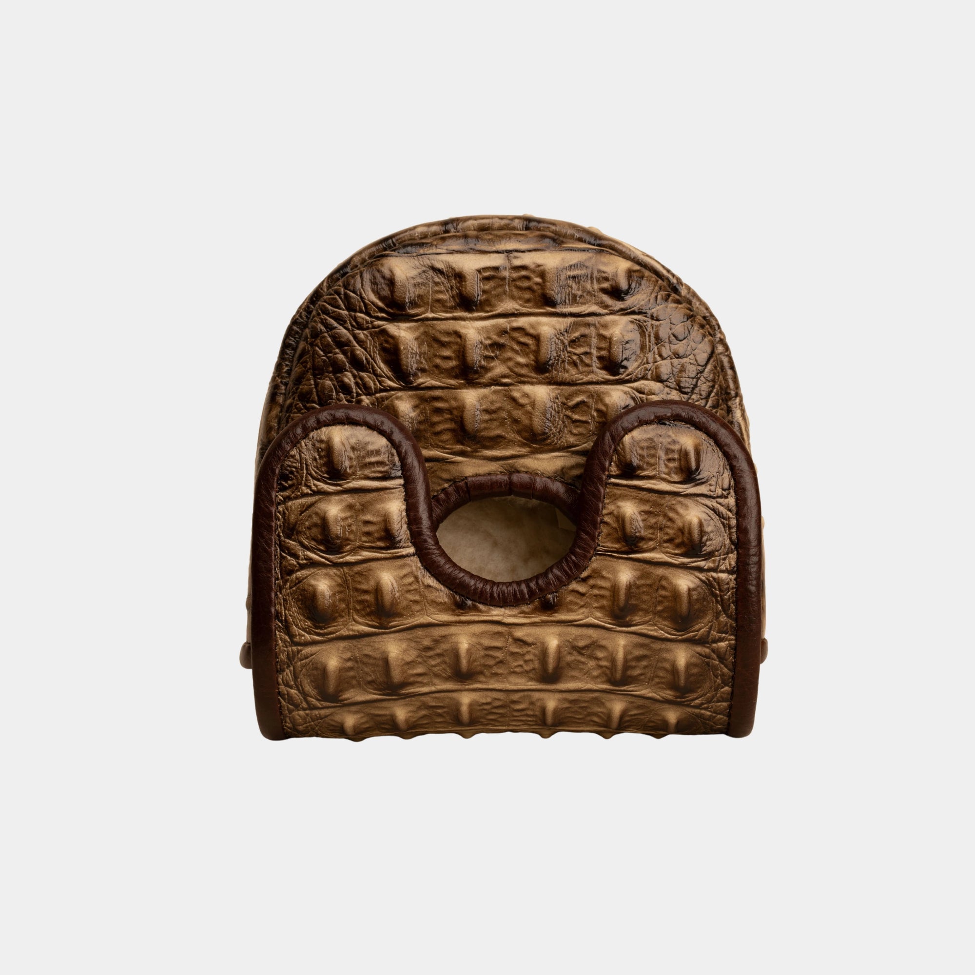 A brown crocodile-embossed leather center df3 putter cover with a circular cutout, shown against a plain light gray background.