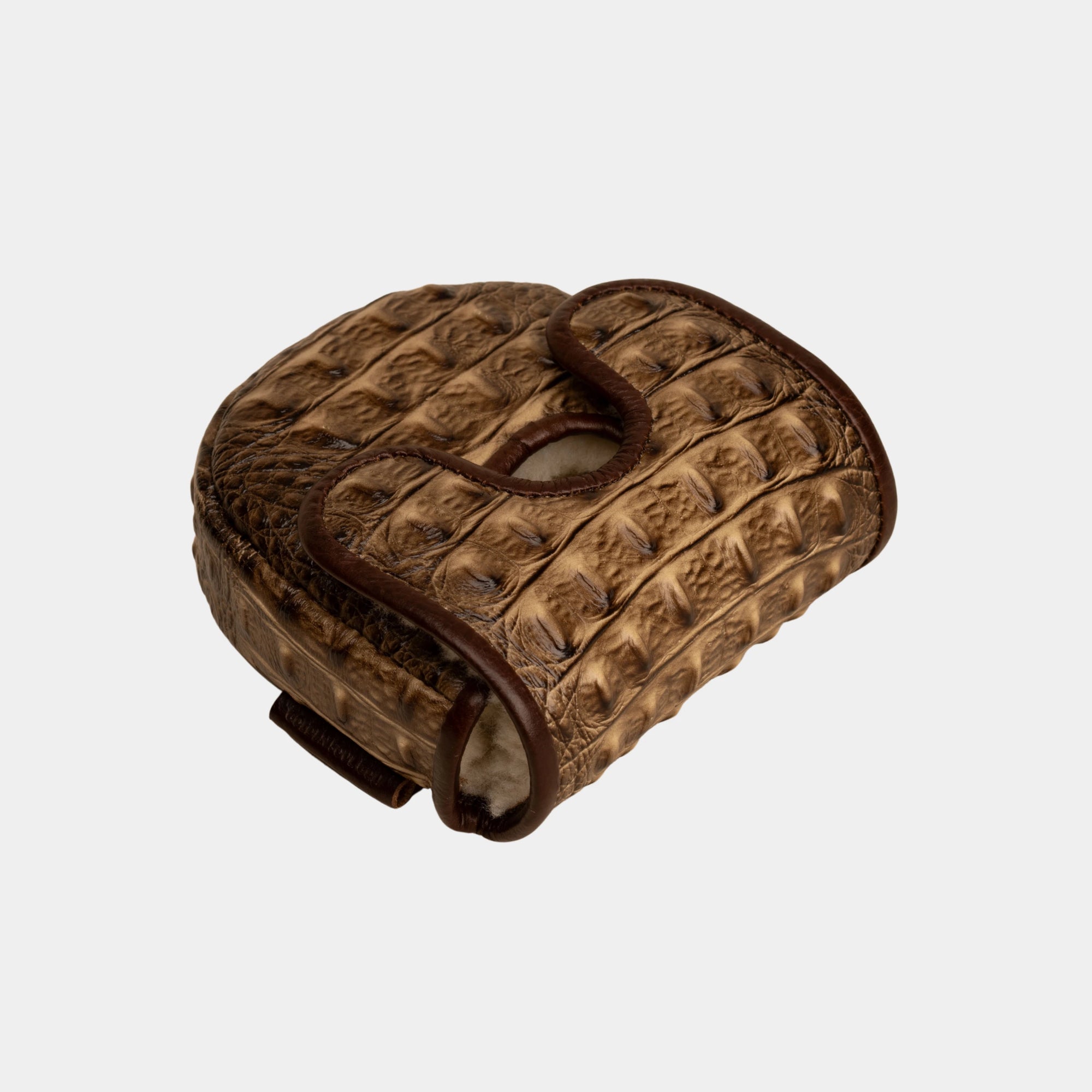 A brown textured center df3 putter cover with a crocodile or alligator skin pattern, shown from a top-down angle on a light gray background.