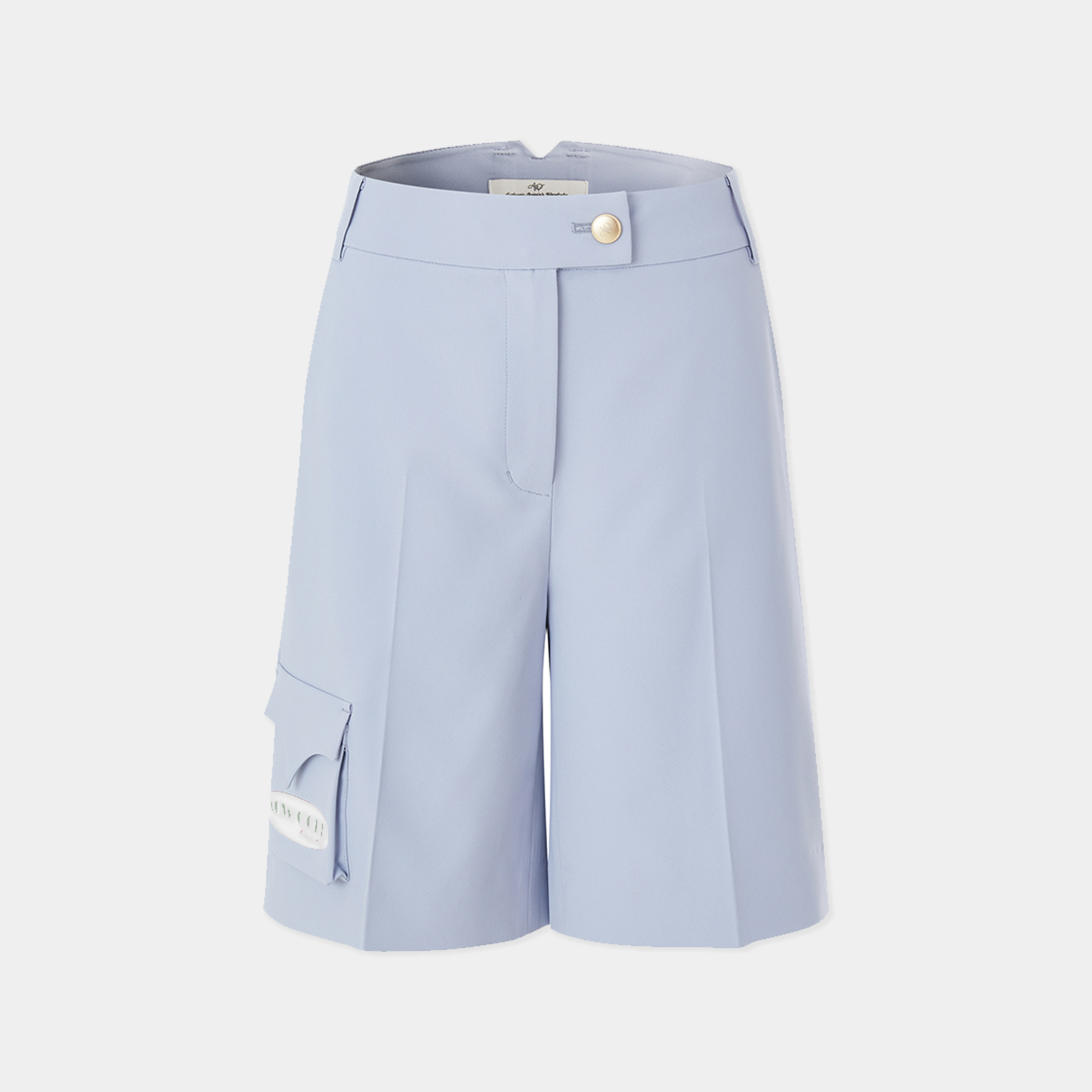 Light blue shorts with a button on a white background