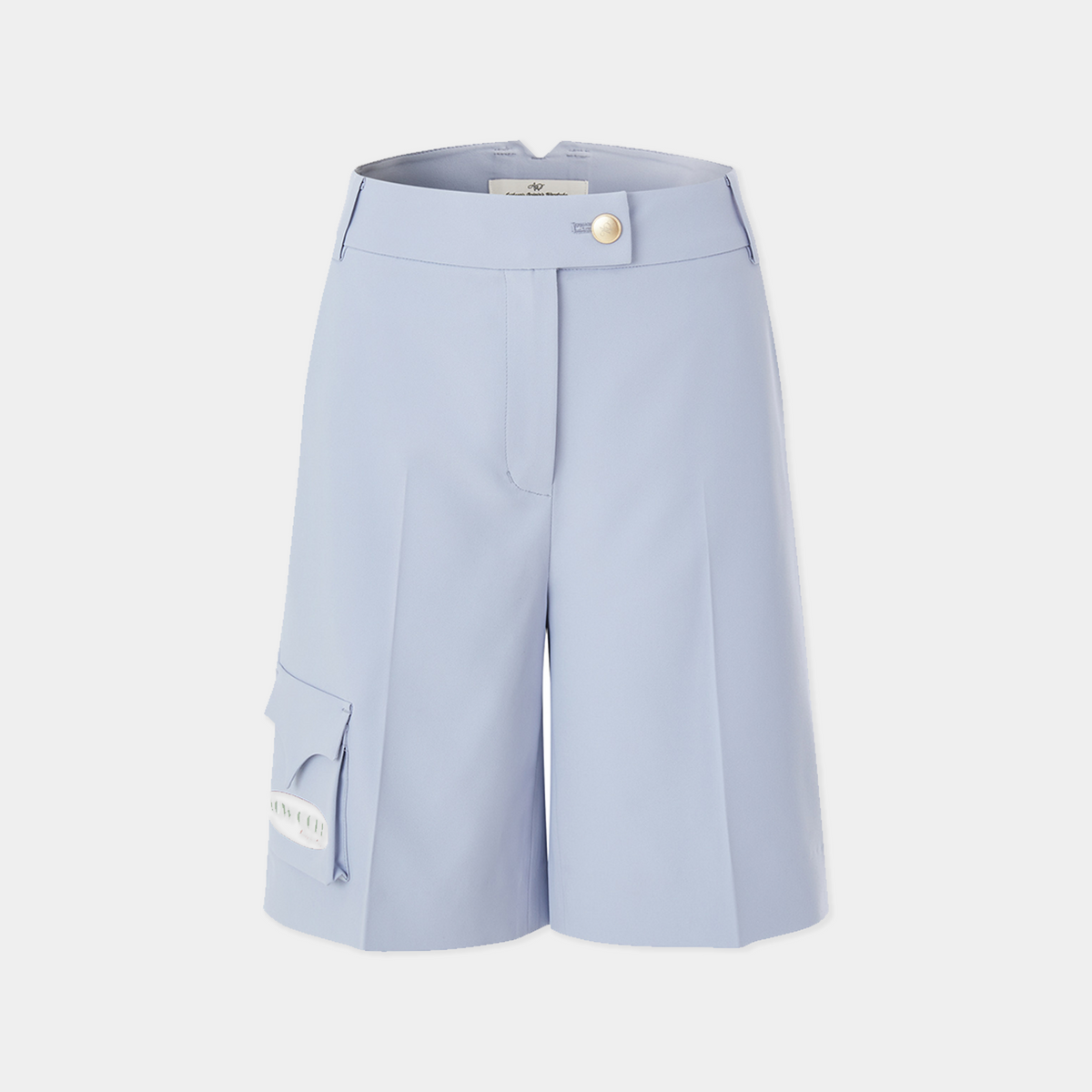 Light blue shorts with a button on a white background