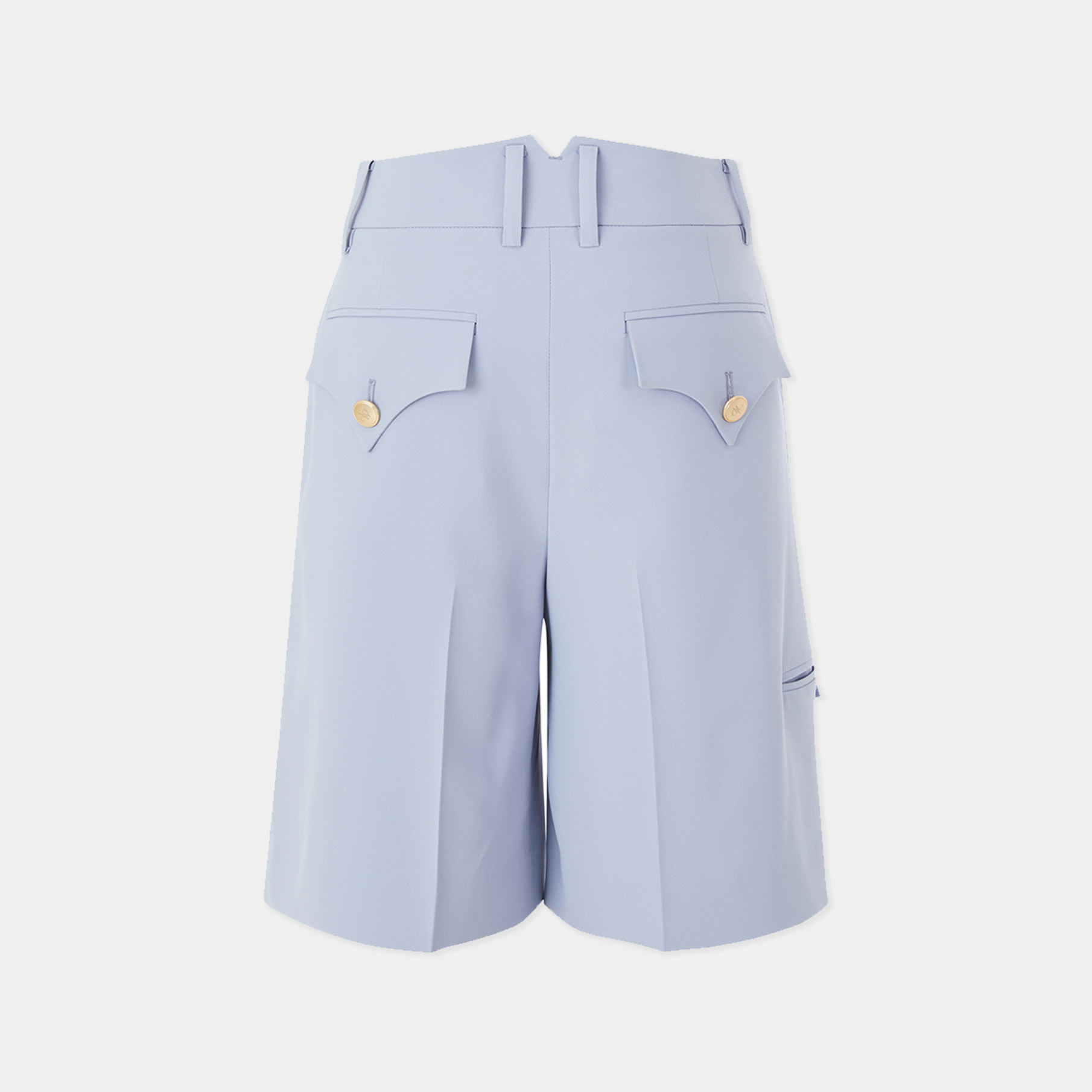 Light blue shorts with button details on a white background