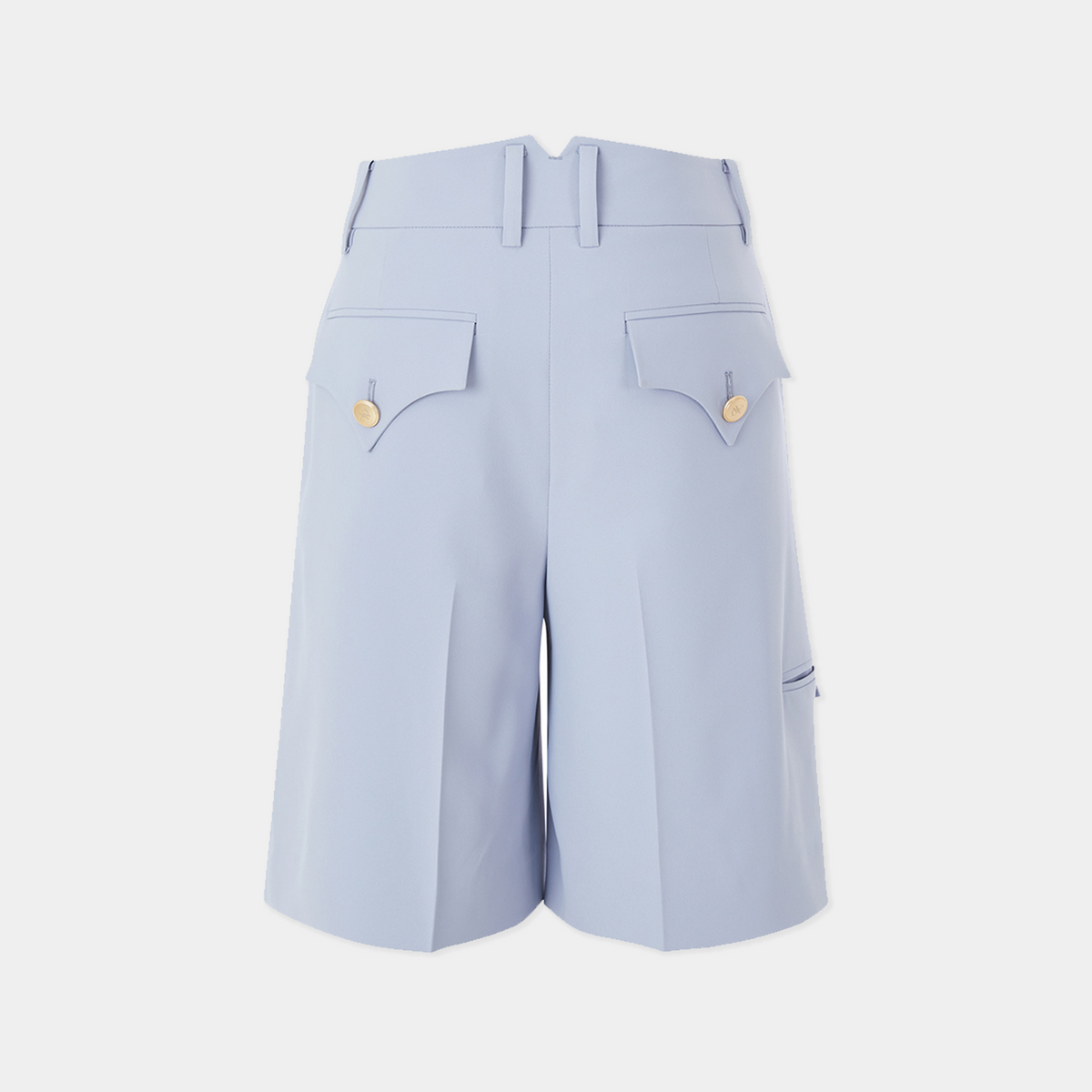 Light blue shorts with button details on a white background