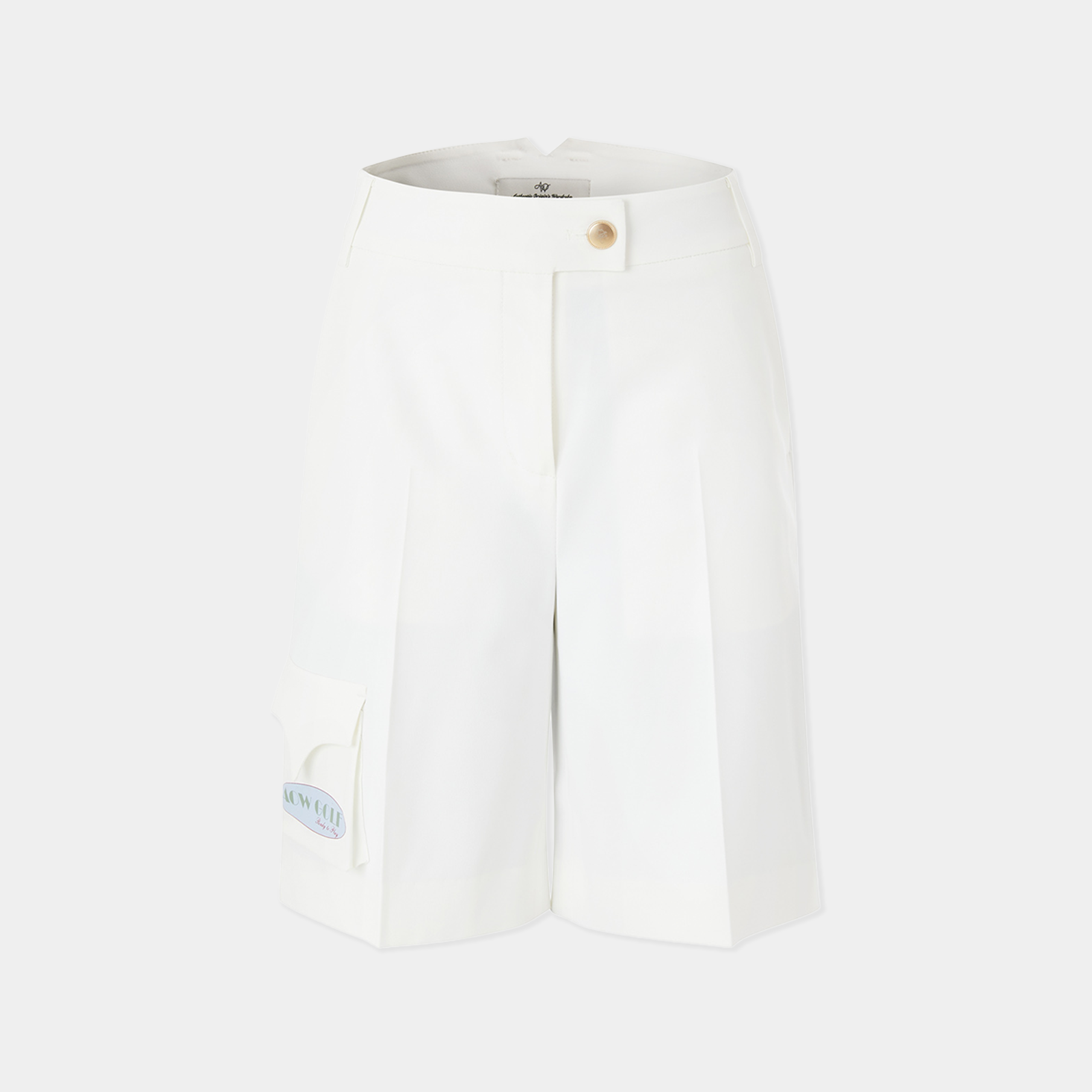White shorts with a brand logo on a light gray background
