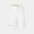 White shorts with a brand logo on a light gray background