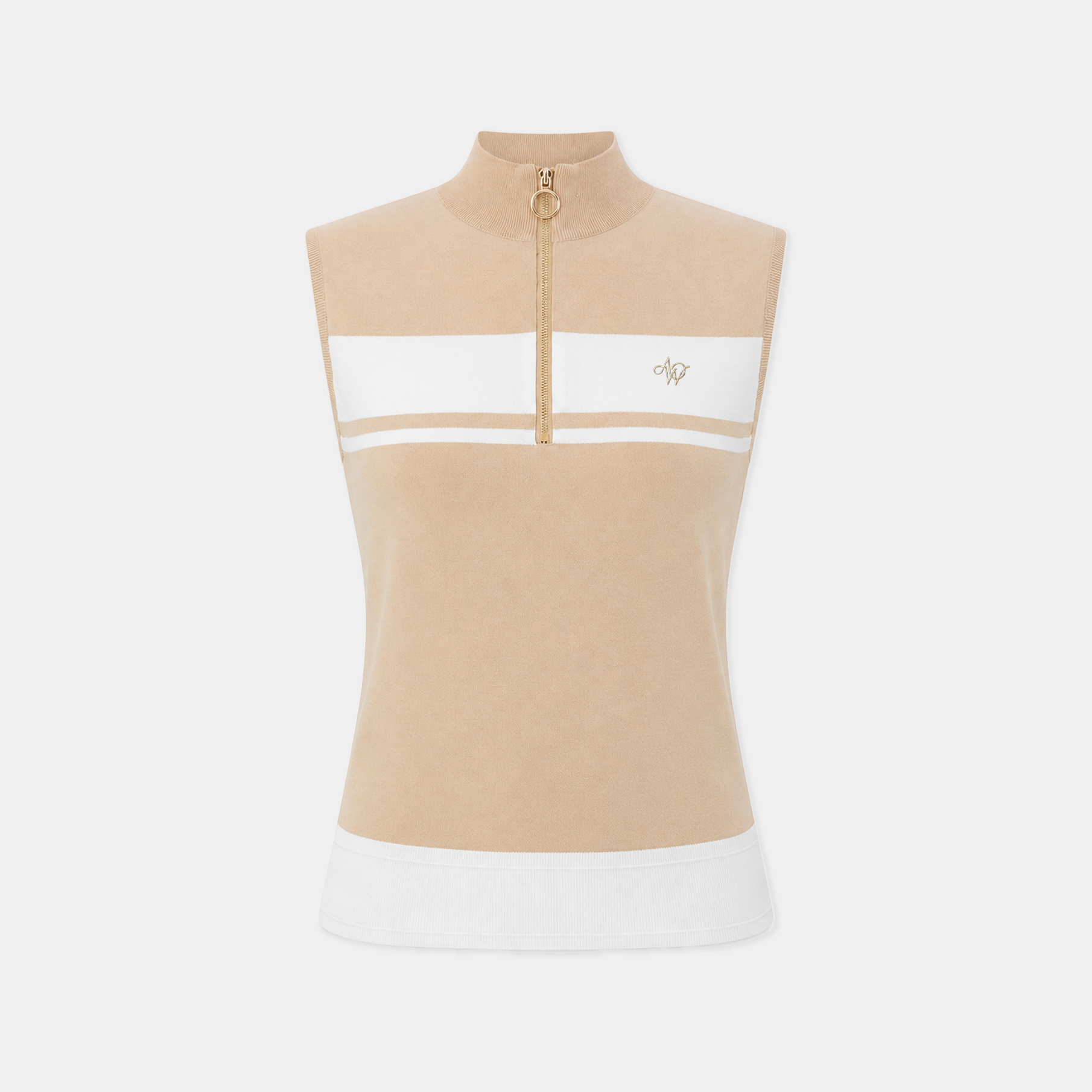 Beige and white sleeveless top with a zipper on a light gray background