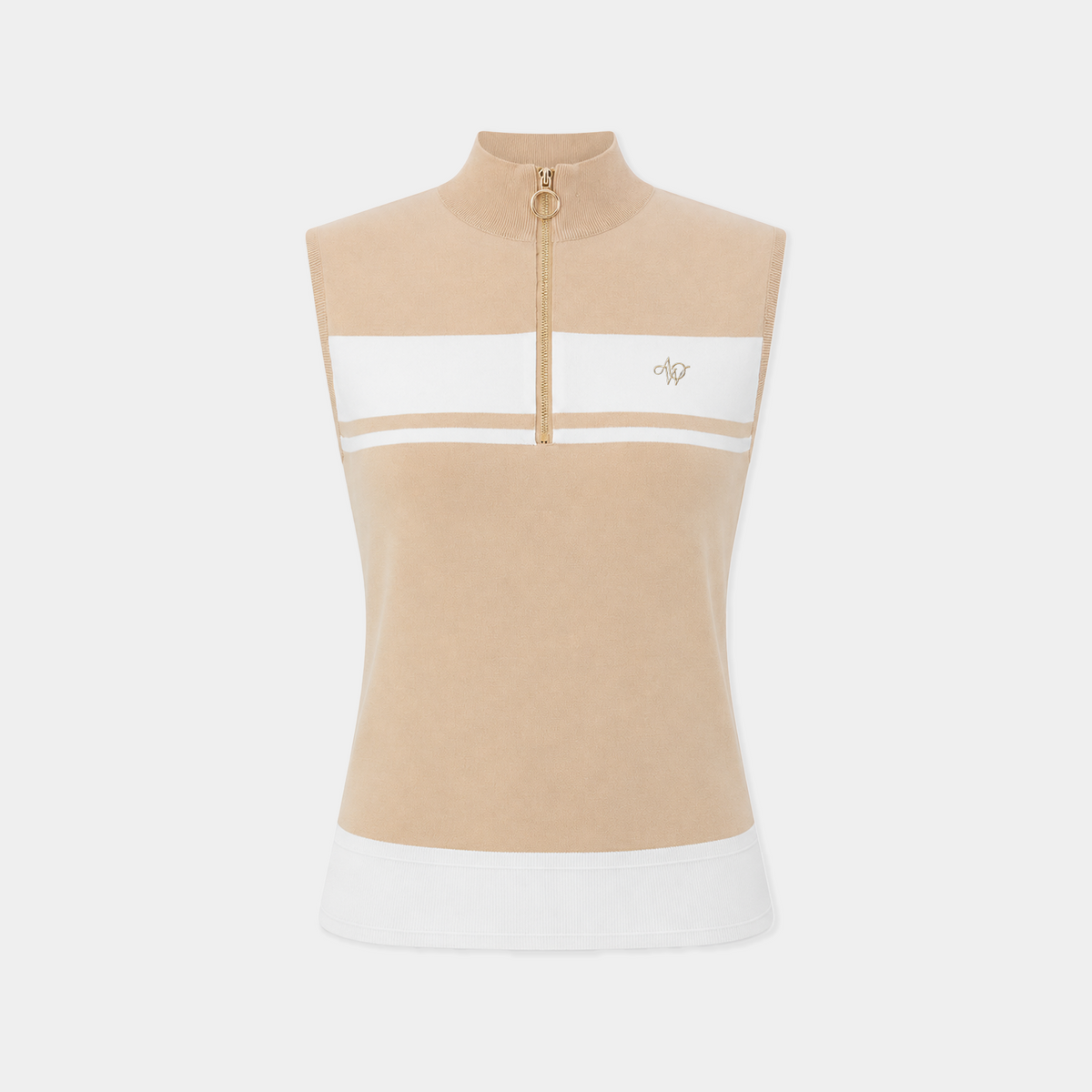Beige and white sleeveless top with a zipper on a light gray background