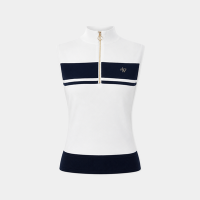 White sleeveless top with navy accents on a white background