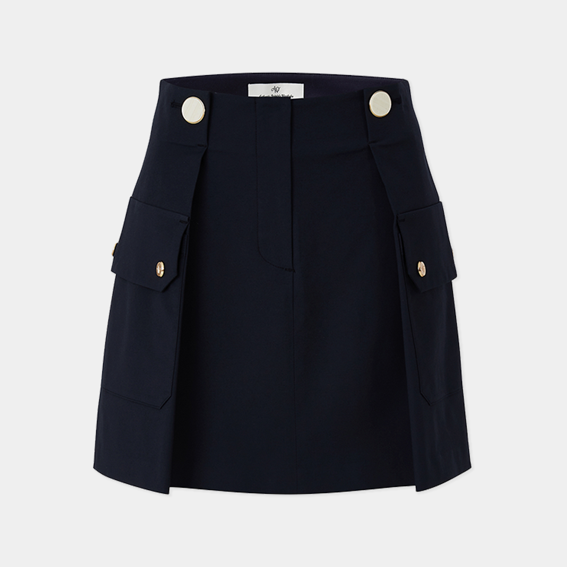 Navy blue skirt with button details on a light gray background