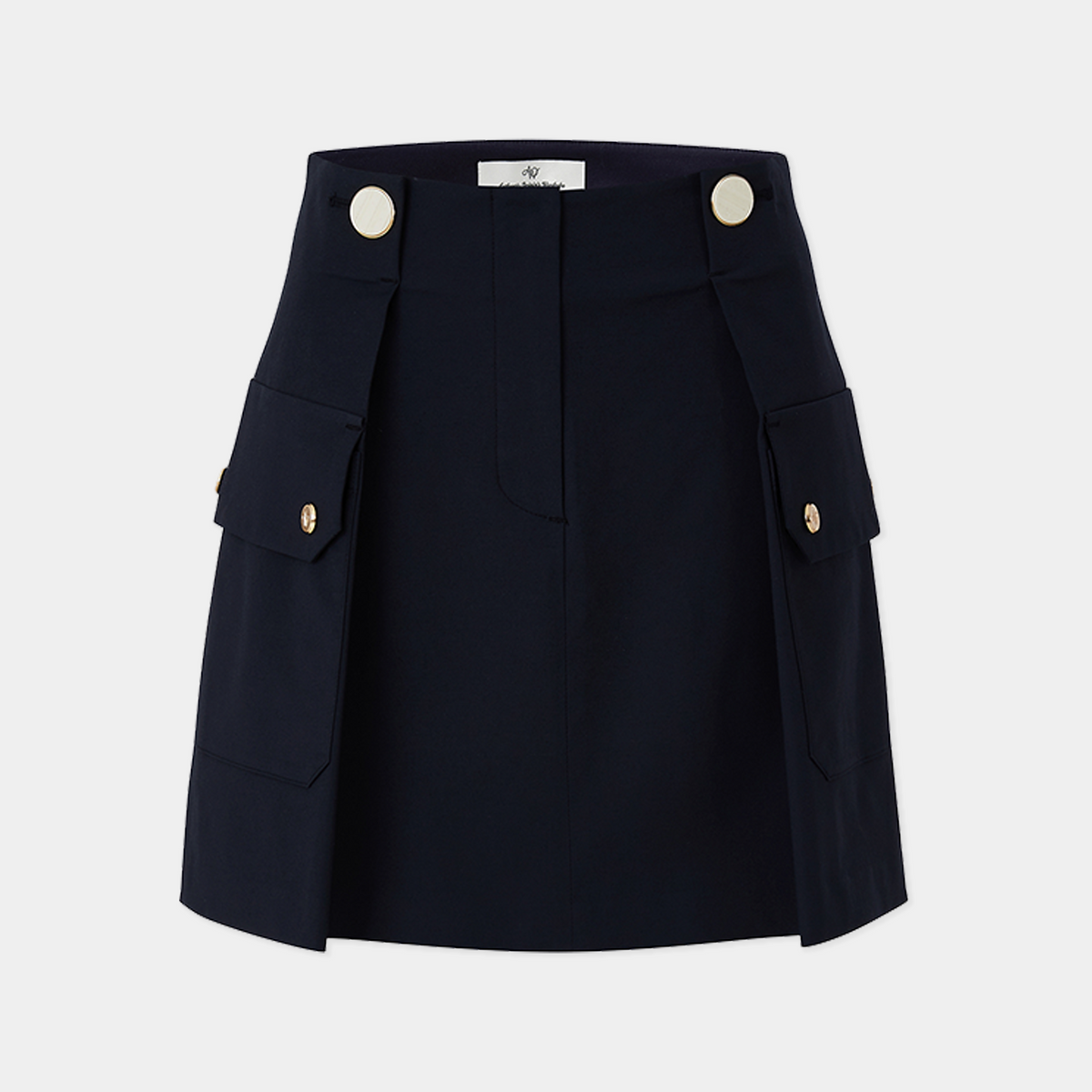 Navy blue skirt with button details on a light gray background