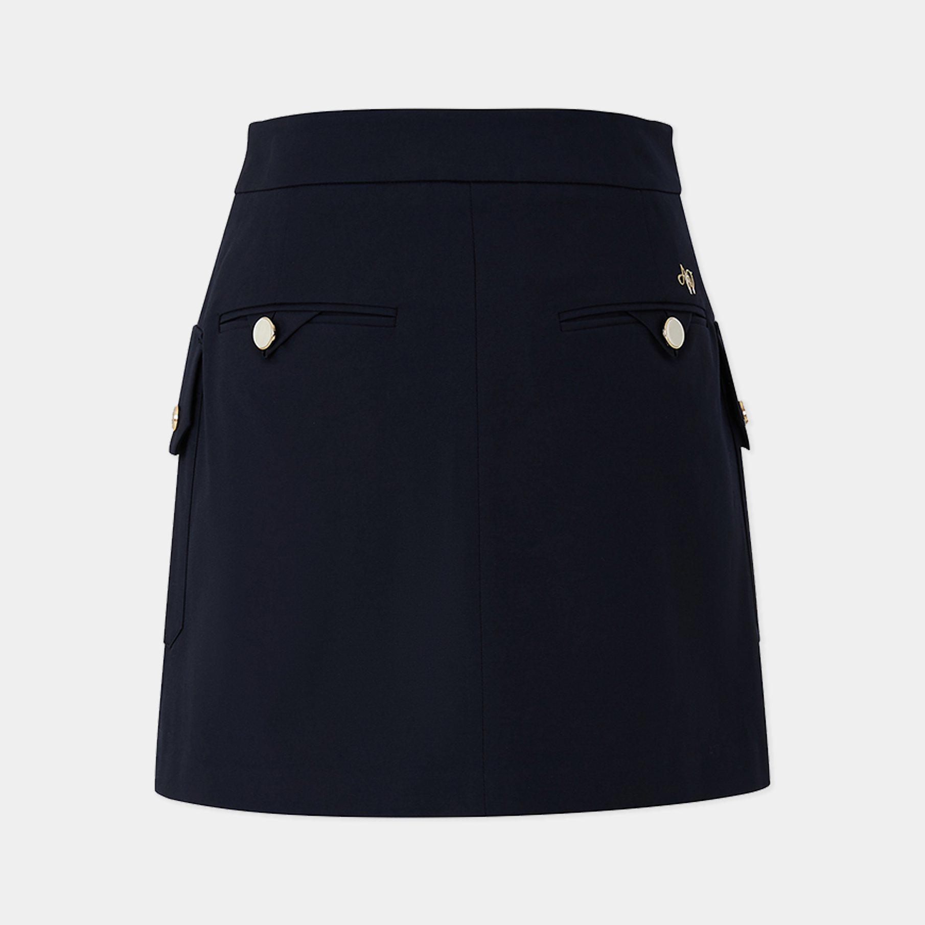 Navy blue skirt with button details on a light gray background
