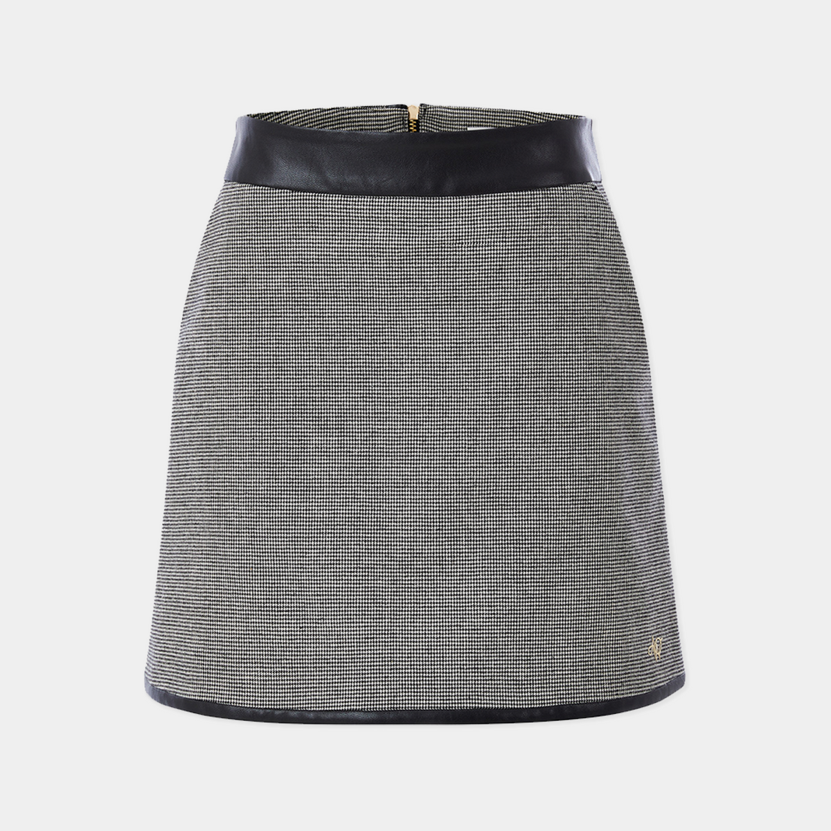 Gray checkered skirt with black trim on a white background