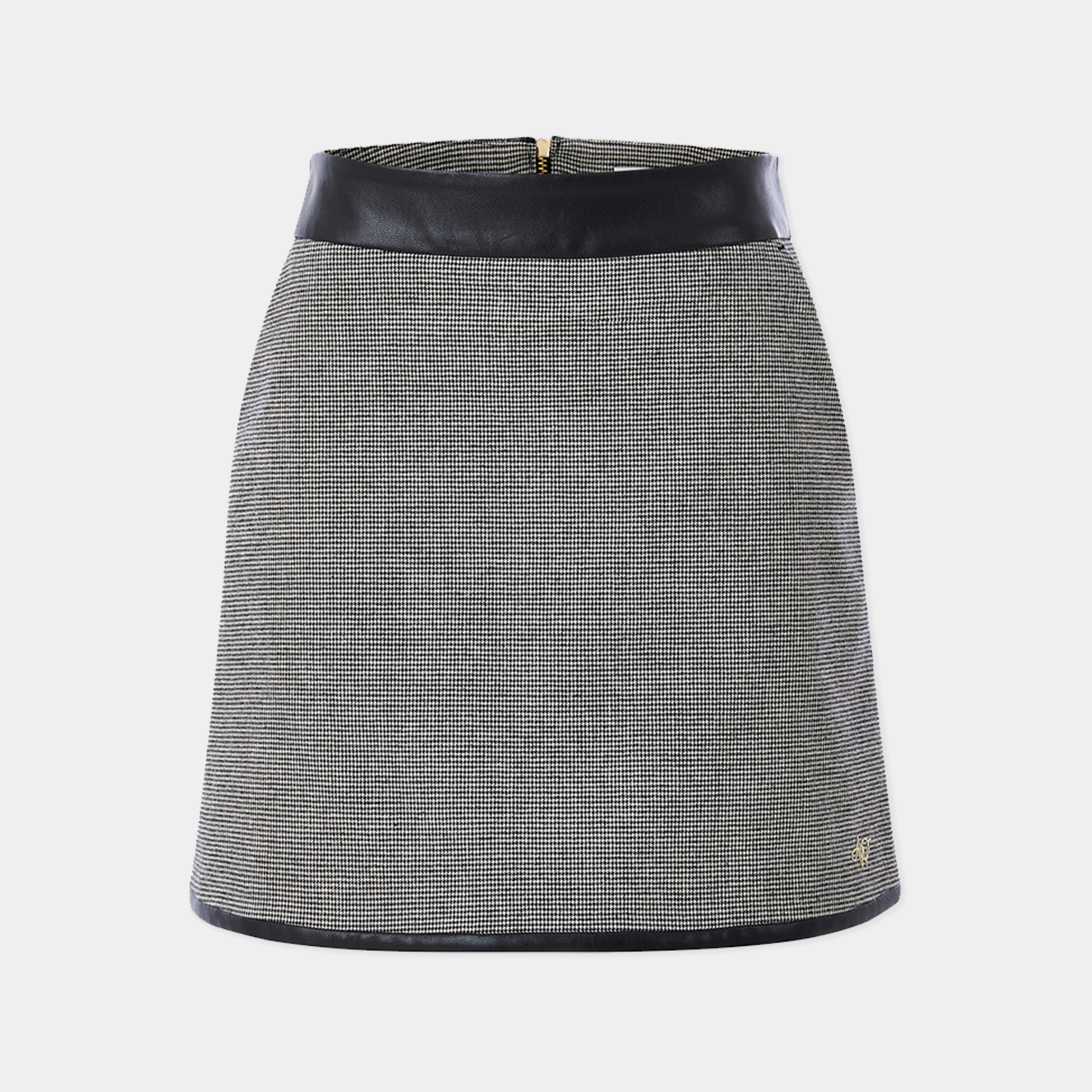 Gray checkered skirt with black trim on a white background