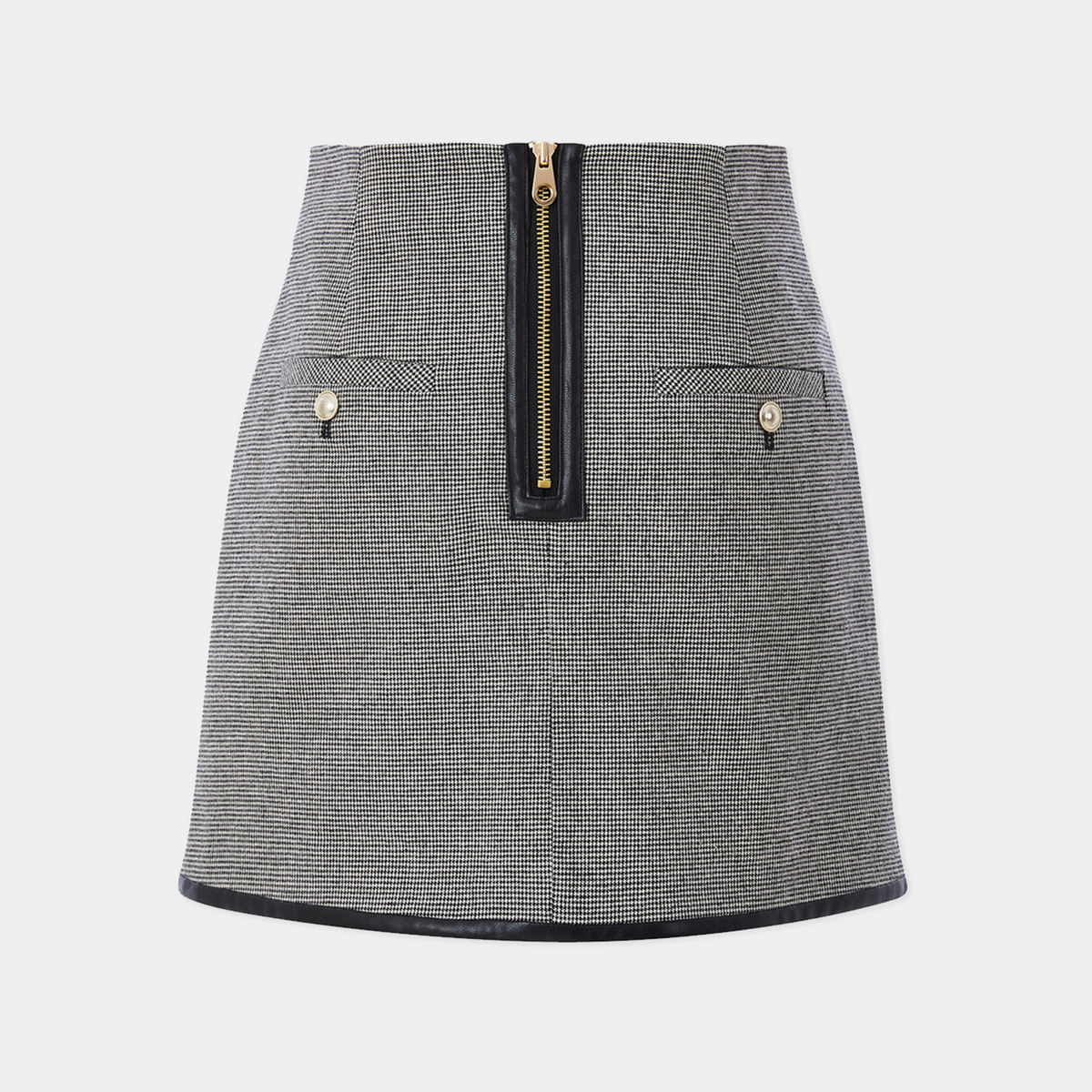 Gray checkered skirt with a zipper and button details on a light gray background