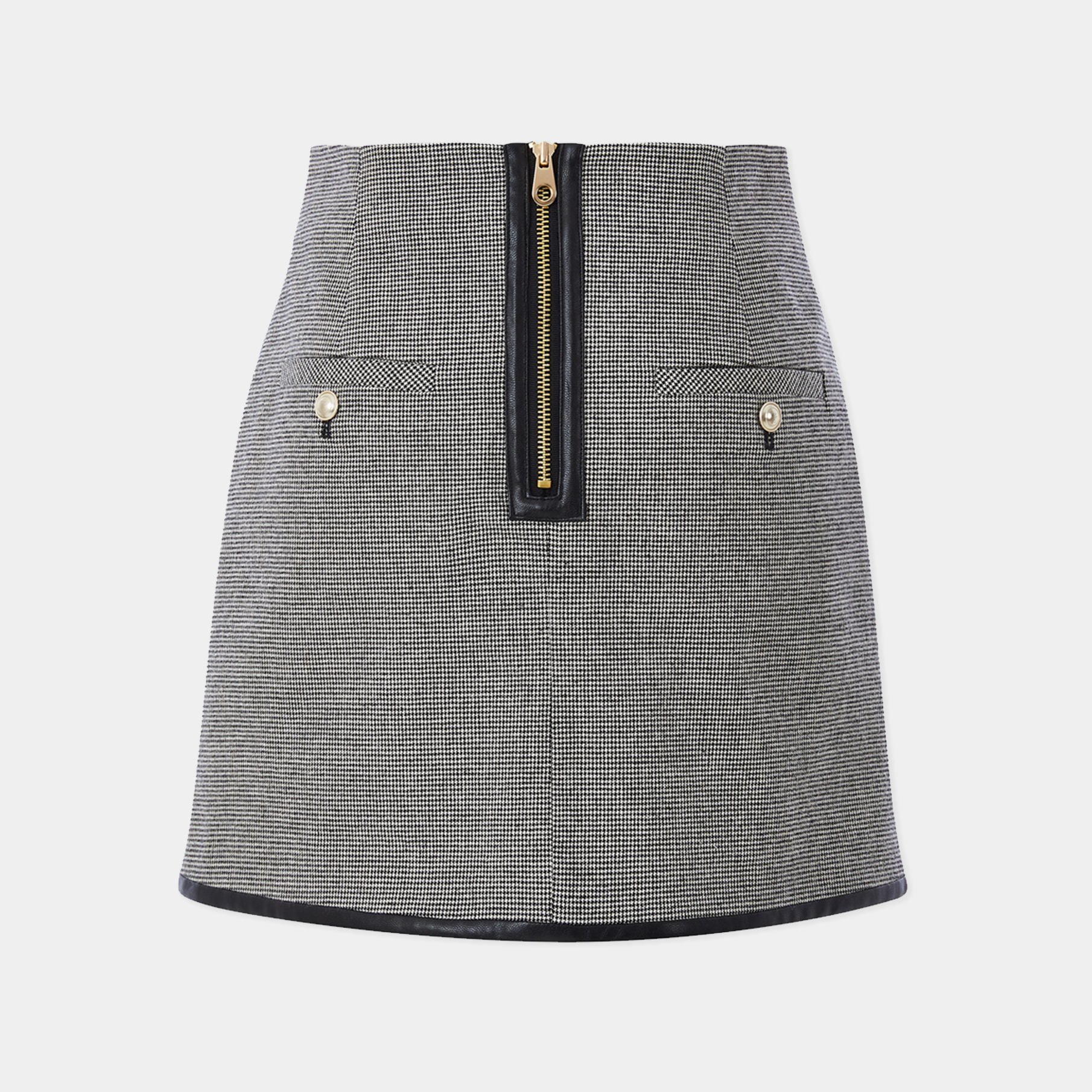 Gray checkered skirt with a zipper and button details on a light gray background
