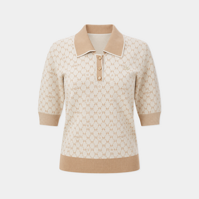 Beige patterned shirt with collar and buttons on a white background