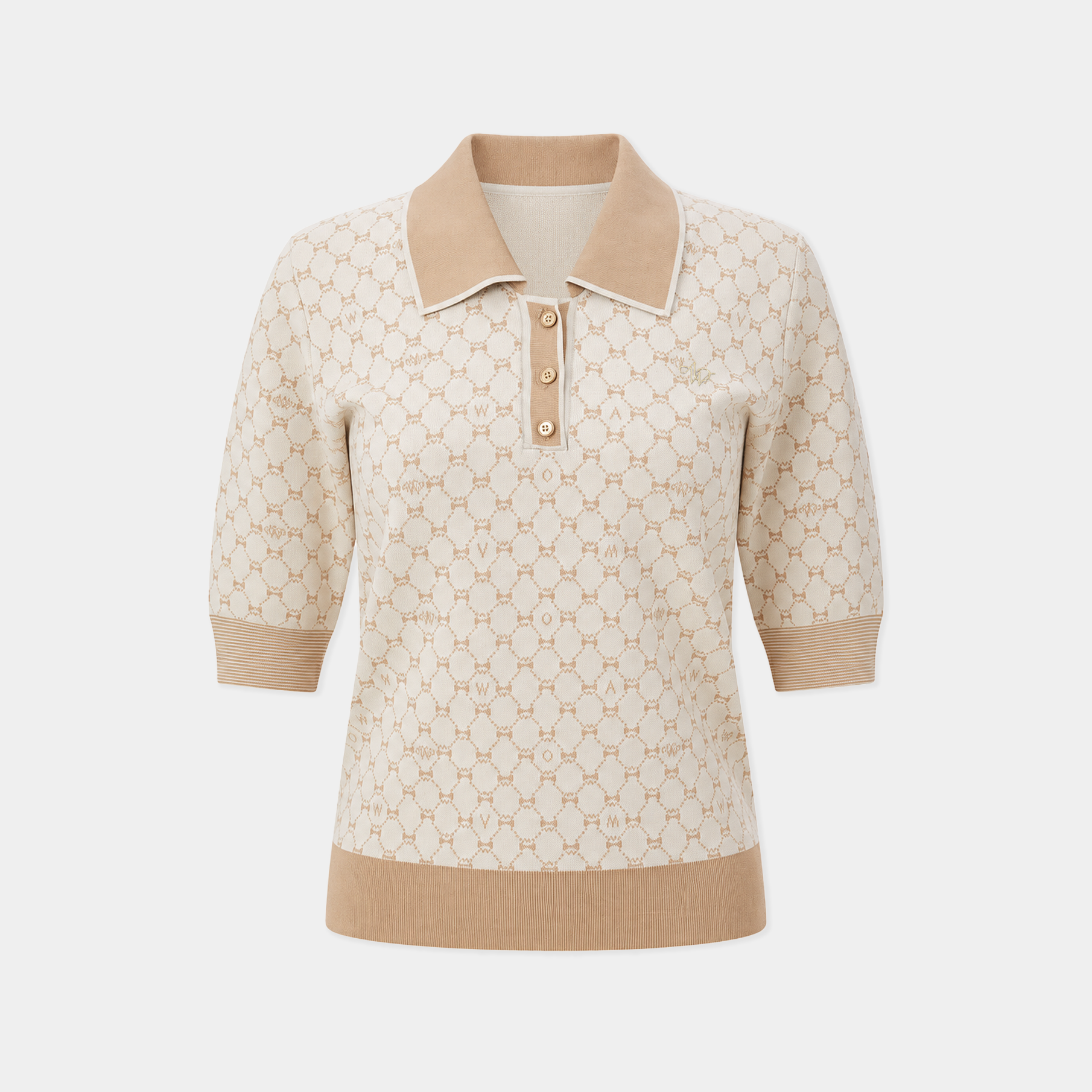 Beige patterned shirt with collar and buttons on a white background