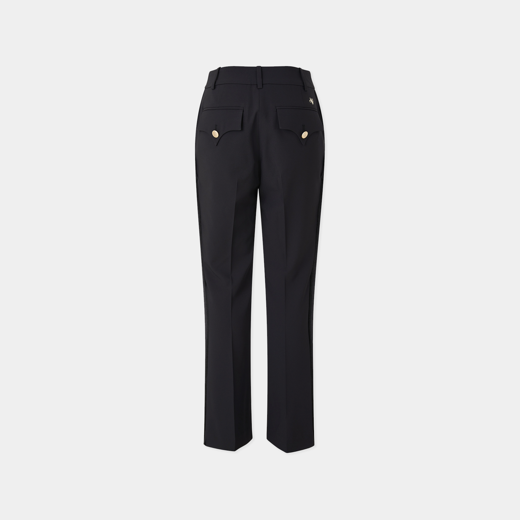 Black pants with gold buttons on a white background