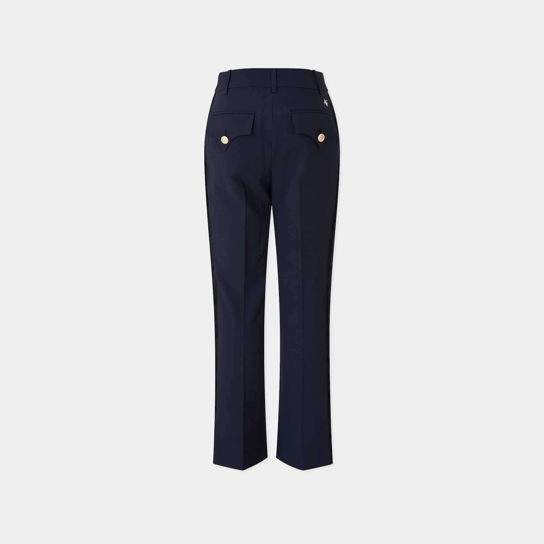 Navy blue pants with gold buttons on a light gray background