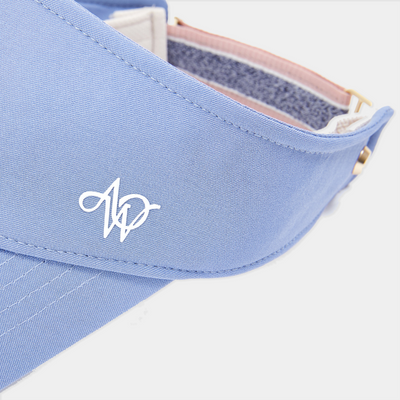 Light blue visor with a logo on a white background