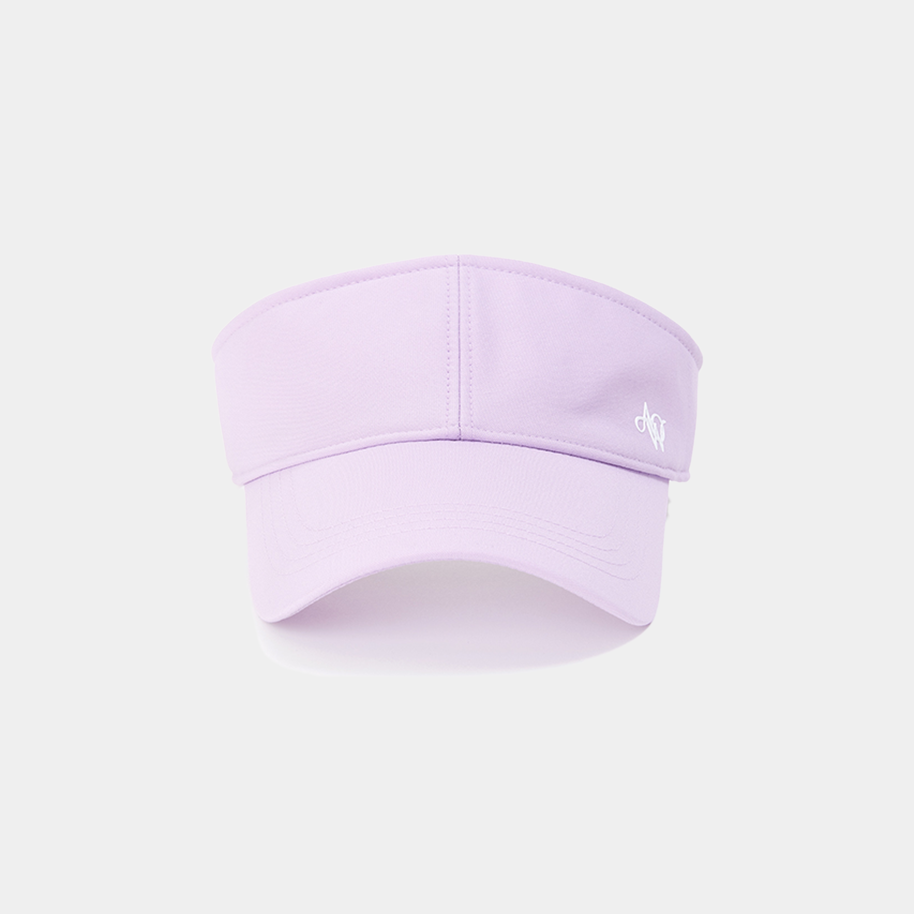 Lavender visor with a brand logo on a light gray background