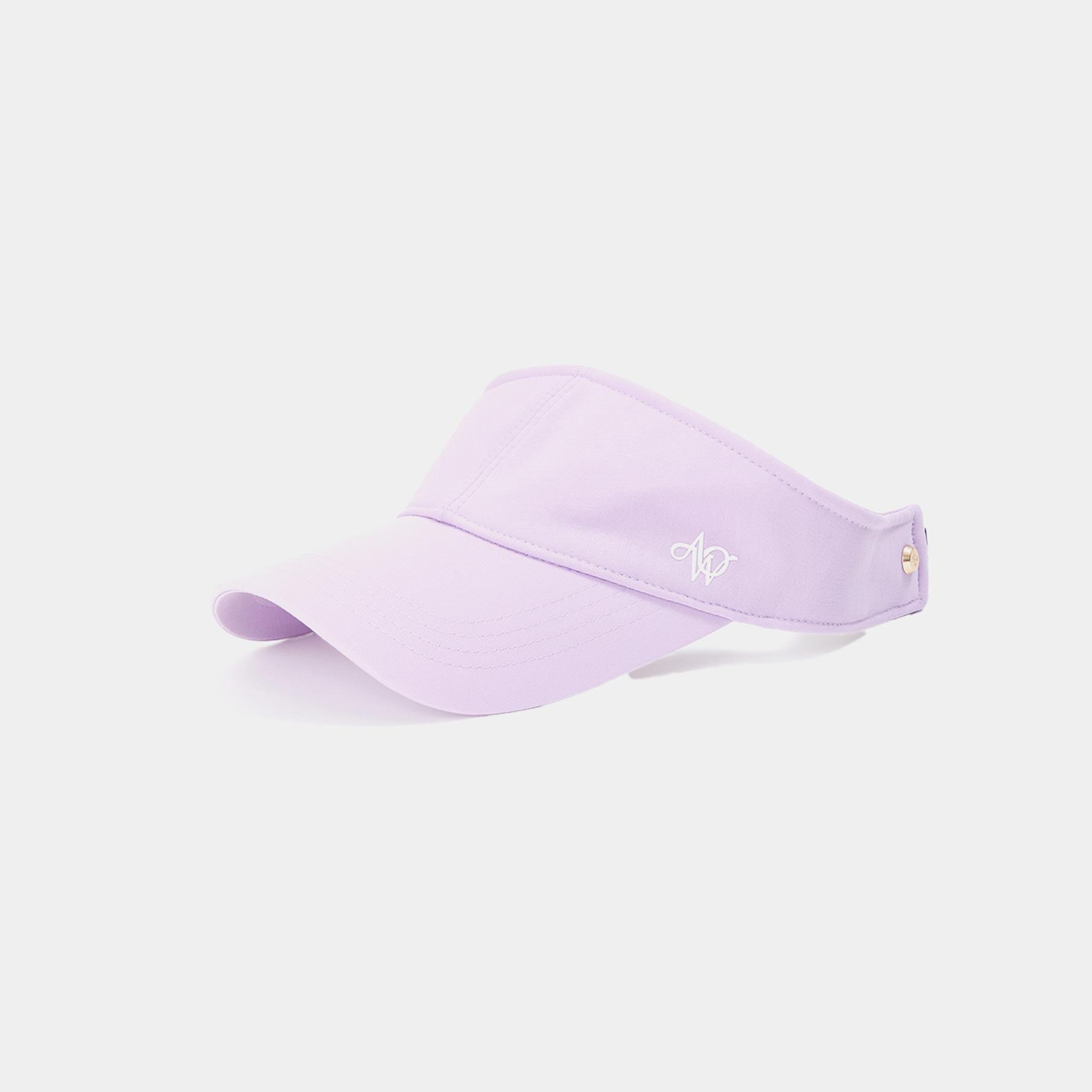 Lavender visor with a brand logo on a light gray background