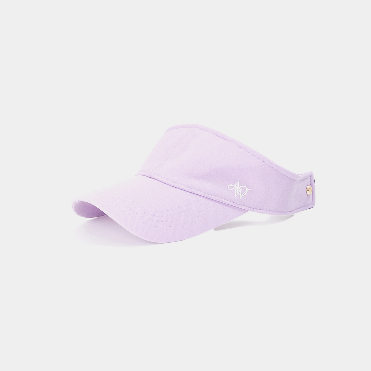 Lavender visor with a brand logo on a light gray background