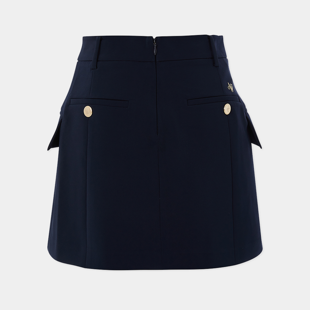 Navy blue skirt with gold buttons on a light gray background