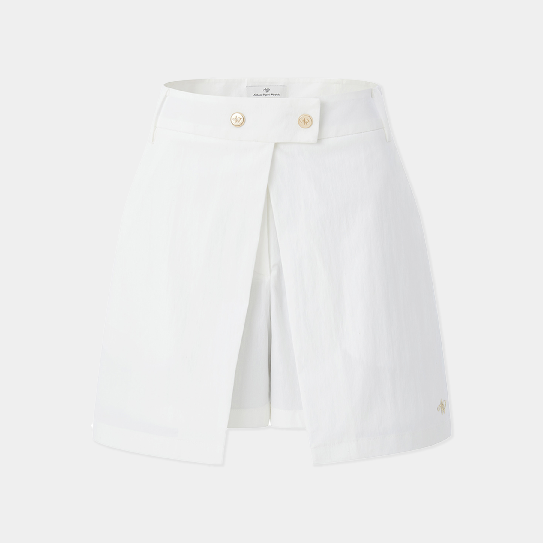 White skirt with button details on a light gray background