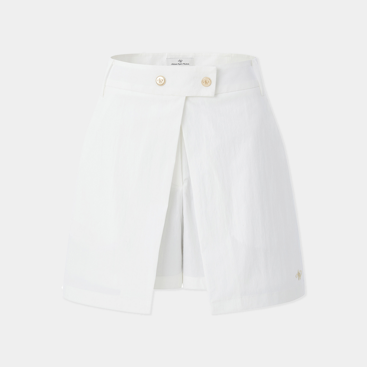 White skirt with button details on a light gray background