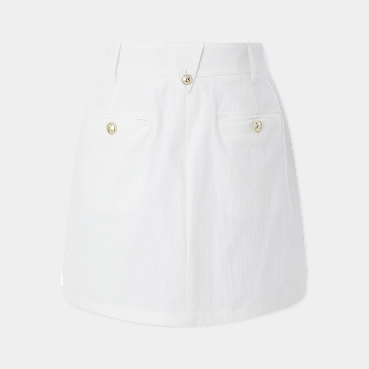 White skirt with gold buttons on a light gray background