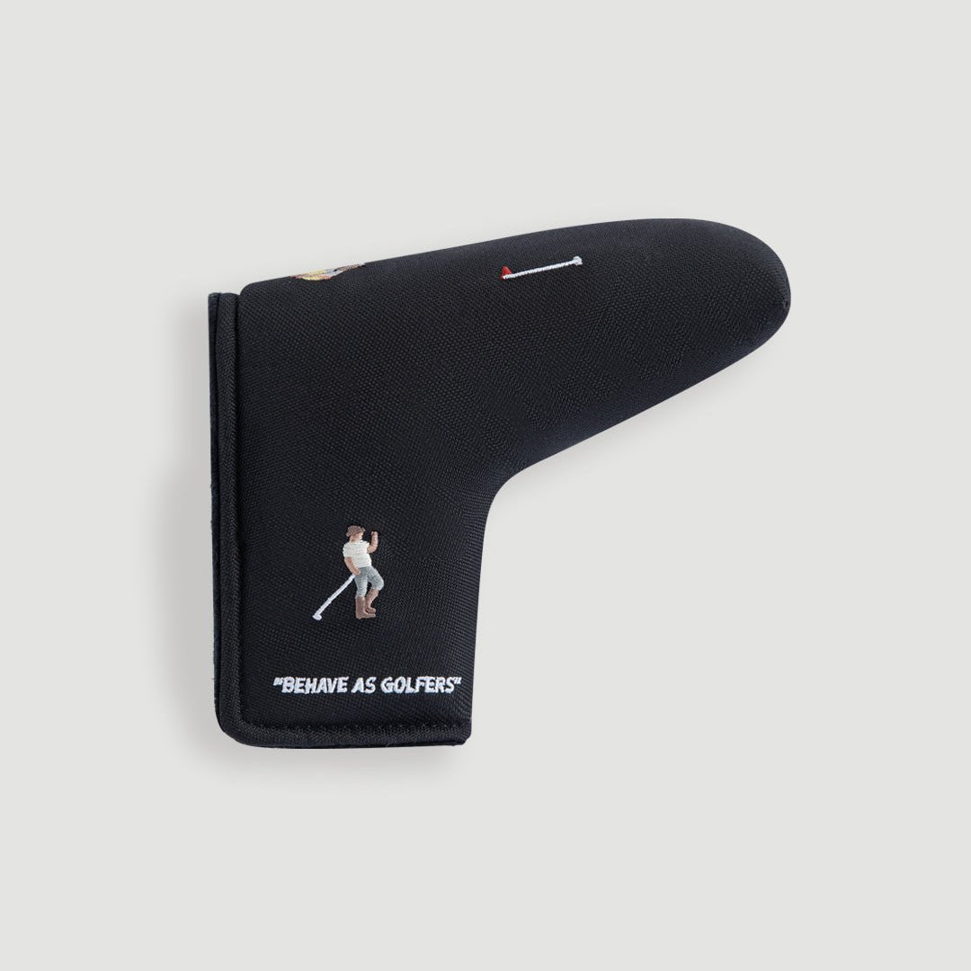 Black blade putter cover with embroidered golfer figure and Behave As Golfers text with gold zip closure - Laclavi Golf