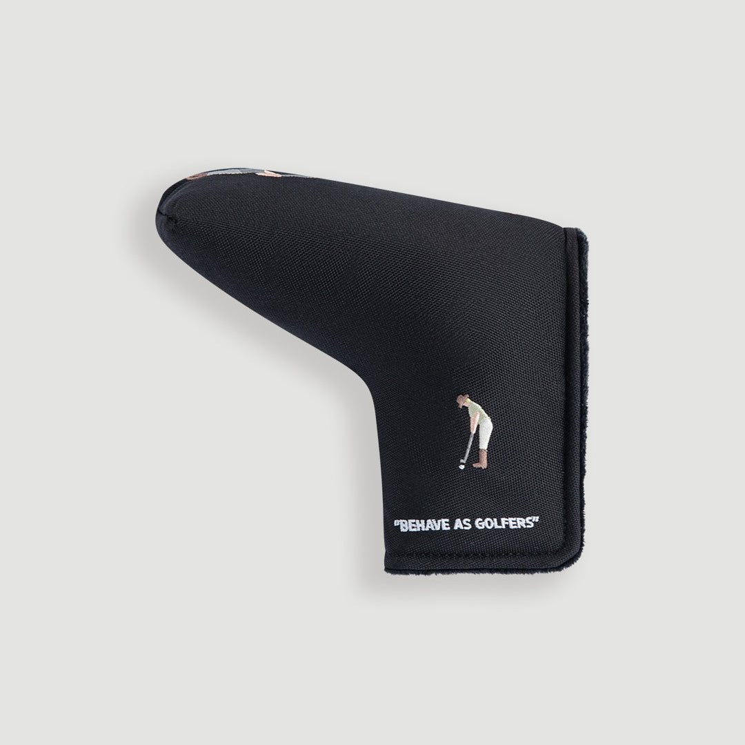 Black blade putter cover side view with embroidered putting golfer and Behave As Golfers text - Laclavi Golf