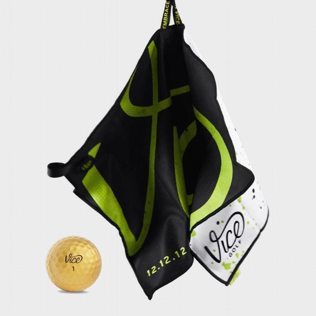 Vice Pro Plus Gold Golf Balls + Lime Towel Bundle