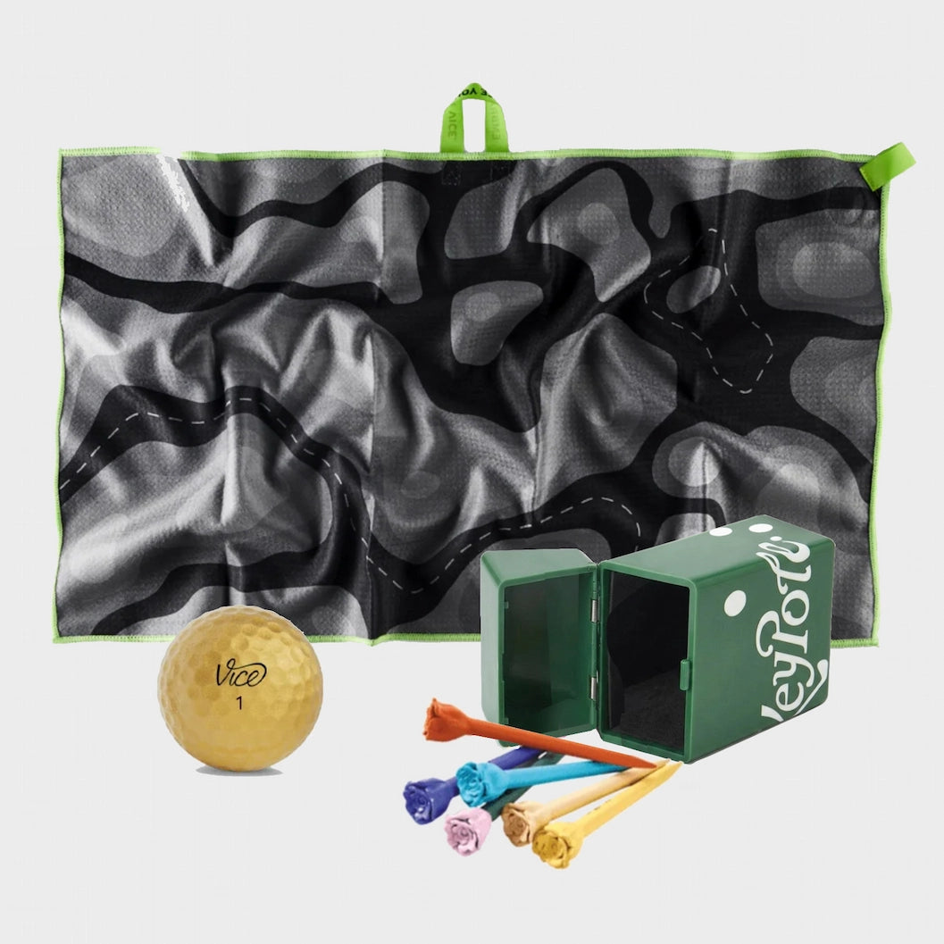Vice Pro Plus Gold Golf Balls + Gray Towel + Rose Tees Bundle