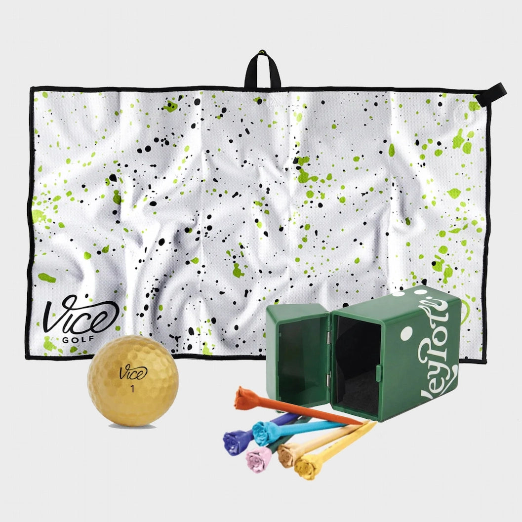 Vice Pro Plus Gold Golf Balls + Lime Towel + Rose Tees Bundle