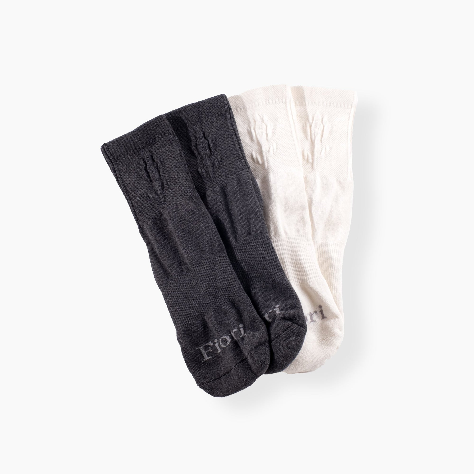 Two pairs of embossed quarter socks in gray and cream, shown stacked with logo detail on a clean background. Embossed Quarter Socks - Gray - Erthe Golf