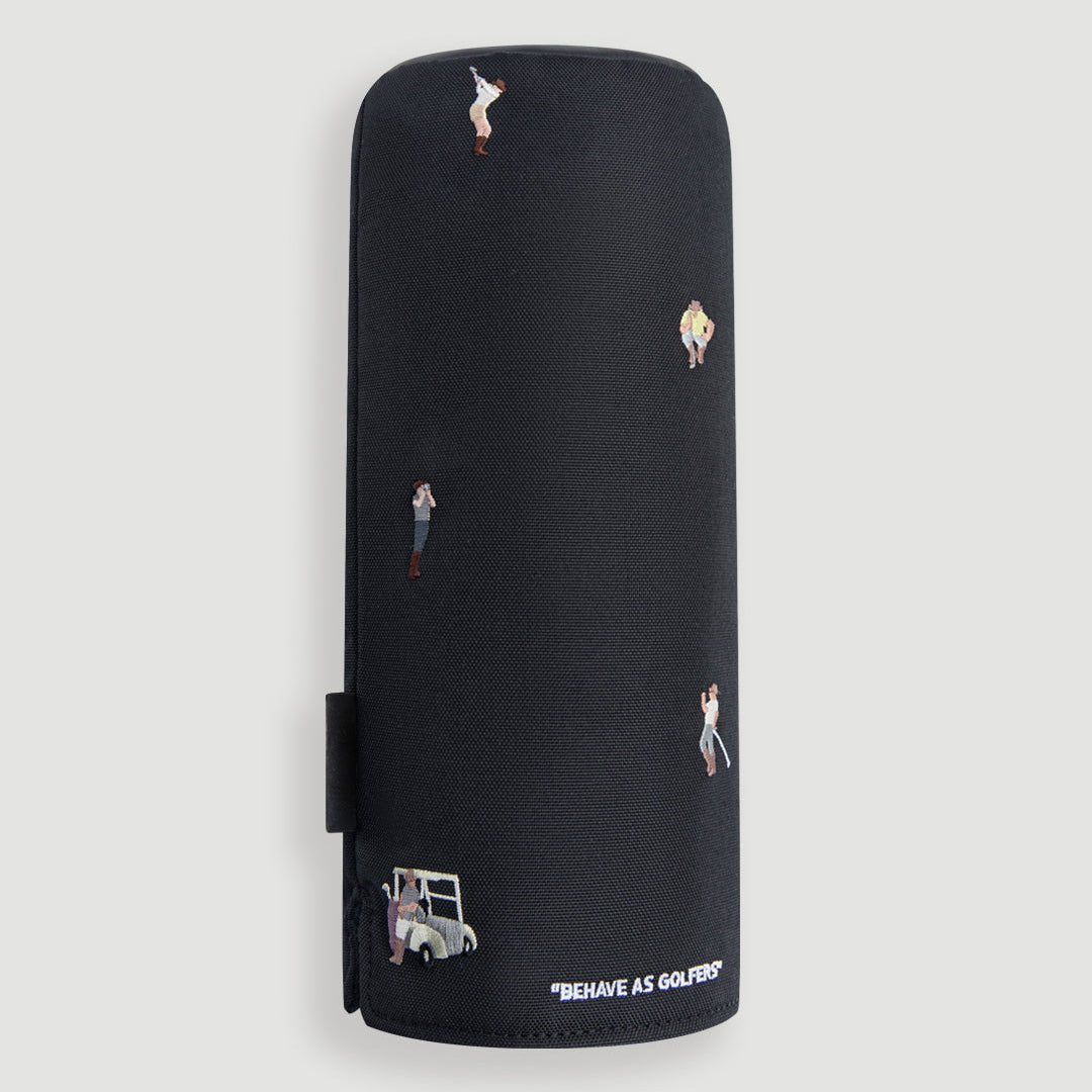 Black driver cover with embroidered cowboy golfer figures golf cart and Behave As Golfers text - Laclavi Golf